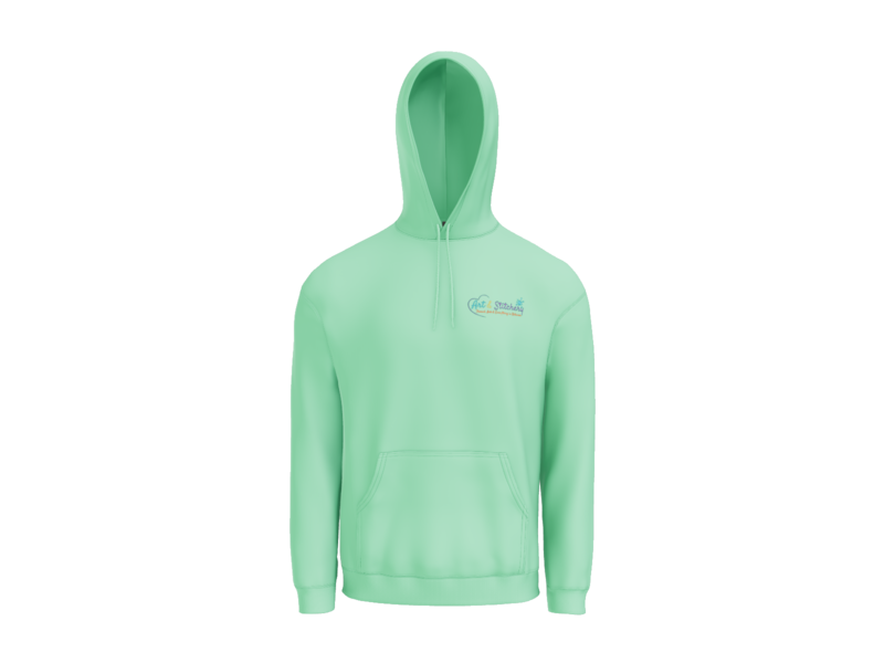 Light green hoodie with a logo on the chest against a white background