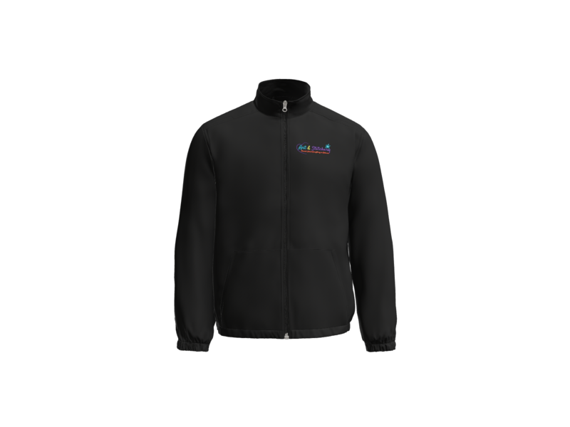Black jacket with a colorful logo on the chest against a white background