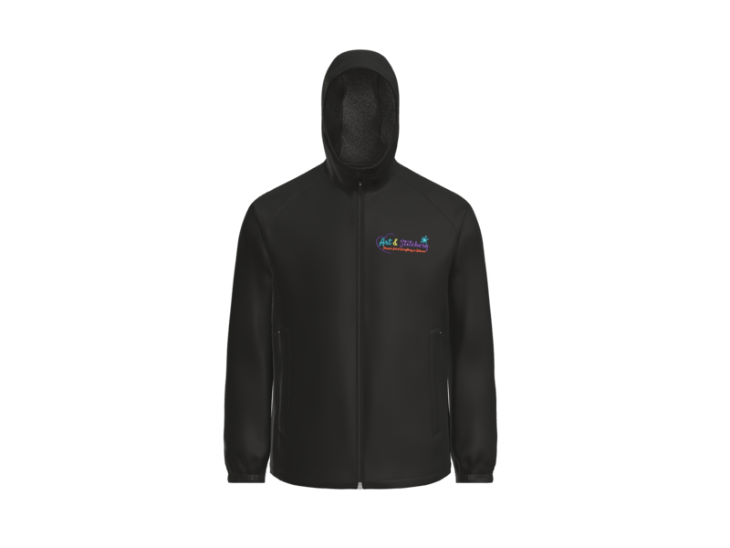 Black hoodie with a colorful logo on a white background