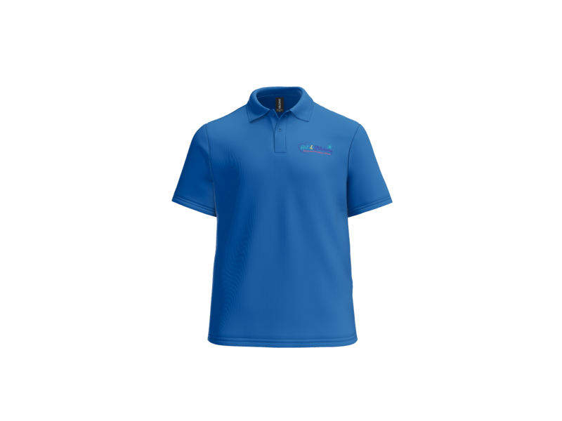 Blue polo shirt with a logo on a white background
